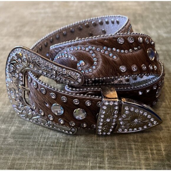 Nocona Brown Calf Hair Leather Studded Iridescent Rhinestone Belt M 32.5-38.5” - Picture 4 of 16